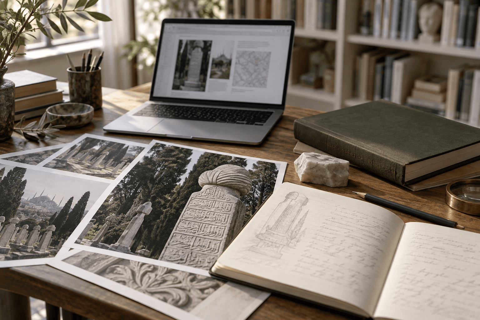 AI-generated illustration of a research desk with a notebook, laptop and Ottoman gravestone photographs